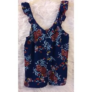 Women's Blue Rain Tank Top Blue Floral Ruffle Buttons Sz M